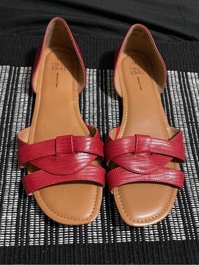 Time and Tru Red Open-Toe D'Orsay Flat Sandals with Tan Footbed